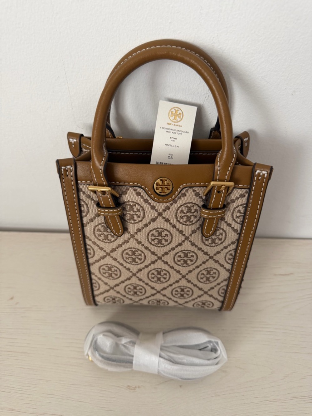 Tory Burch Tan Logo Jacquard Mini Tote with Leather Trim